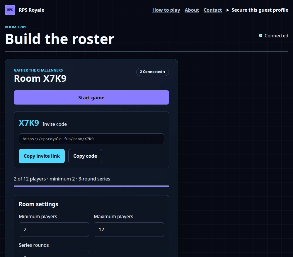 The lobby of an example room with the invite code, a copyable invite link, a Start game button, and the room settings.