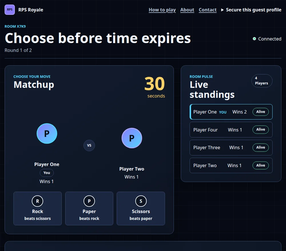 A match in progress: two players face each other with a countdown, three buttons for Rock, Paper, and Scissors, and the live standings.